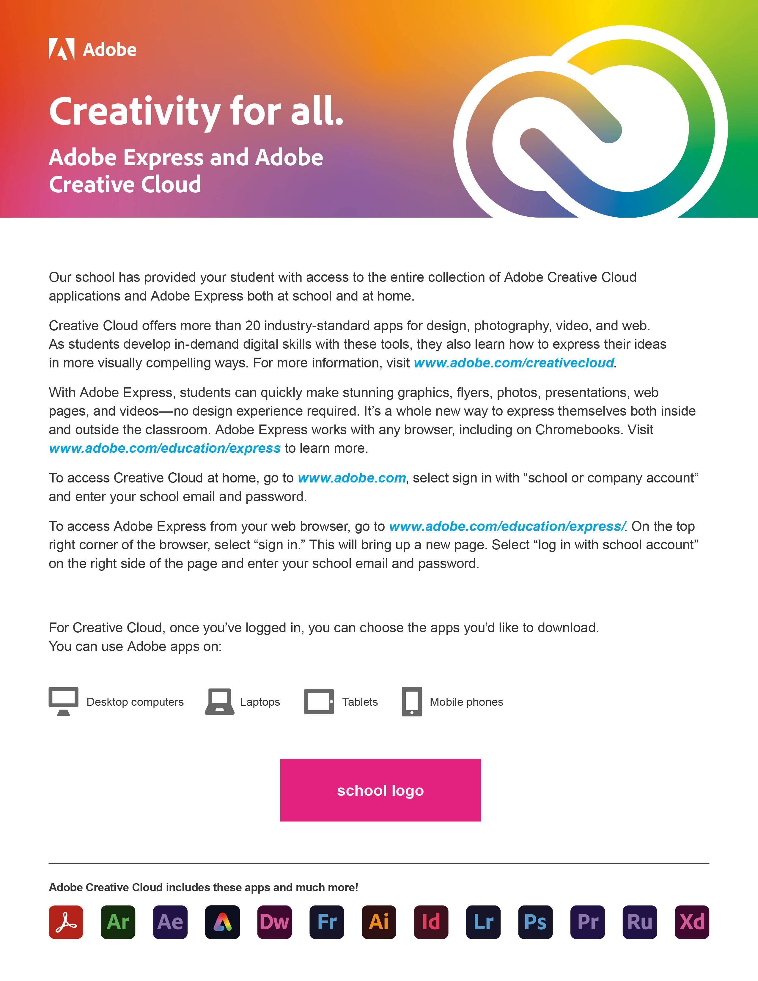 Adobe Express and Creative Cloud — with school logo
