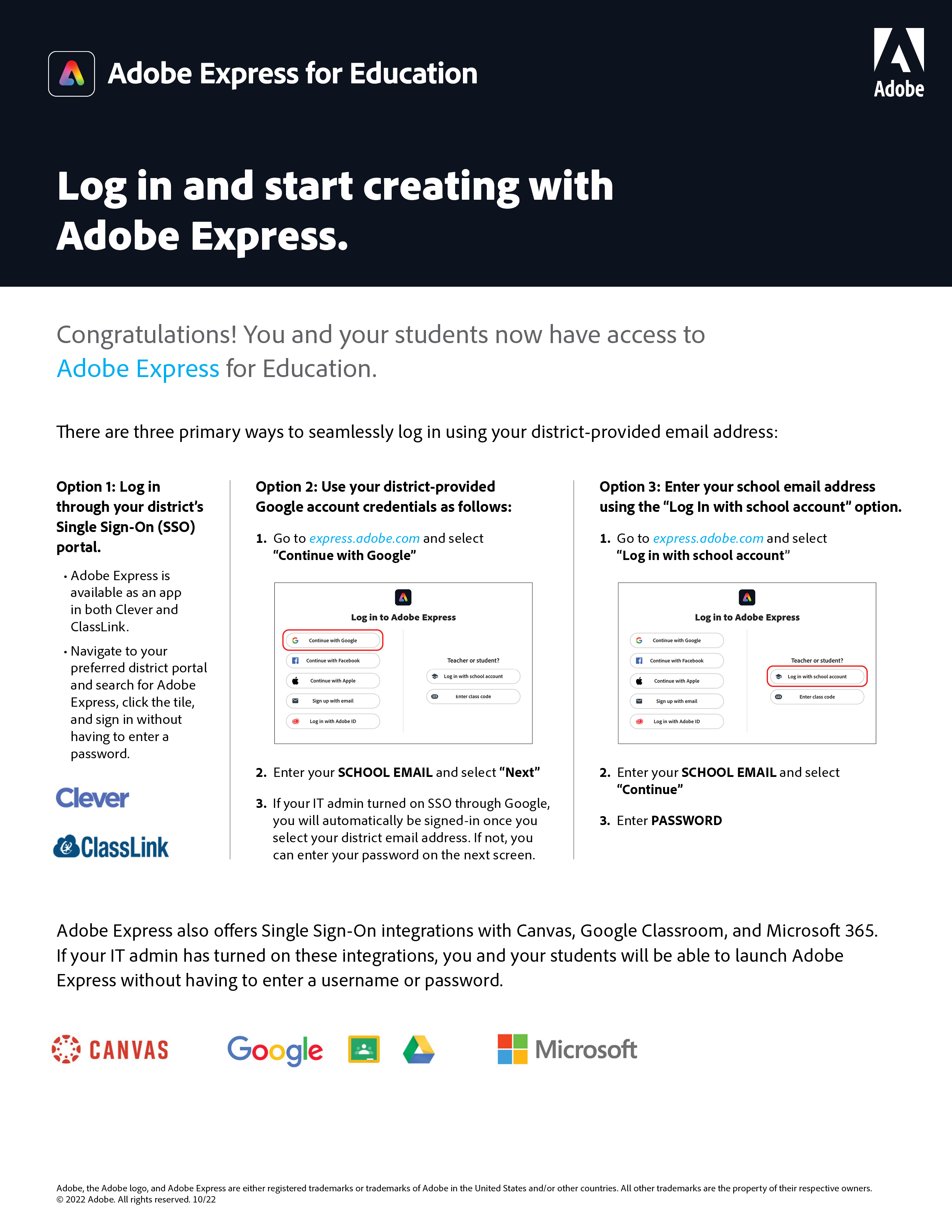 Log in to Adobe Express with Federated/Enterprise ID, Google, or Microsoft 365